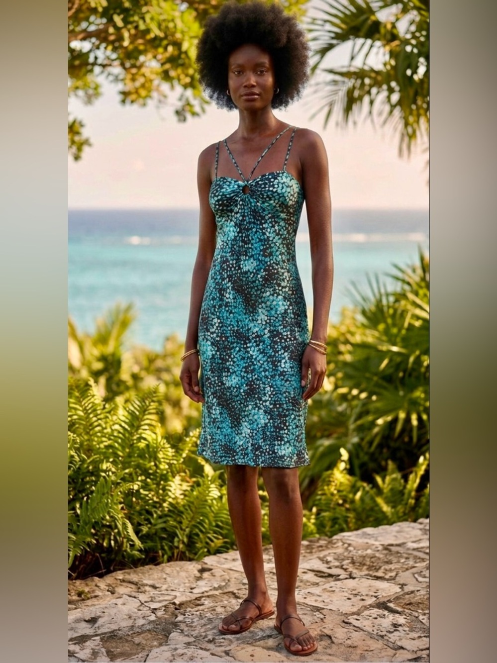 NWT VNTG Nine West Medium Silk Strappy Aqua Abstract Dress Deadstock Summer